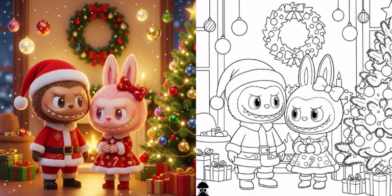 Labubu Coloring Pages | Zimomo with Mokoko Christmas Coloring Sheet